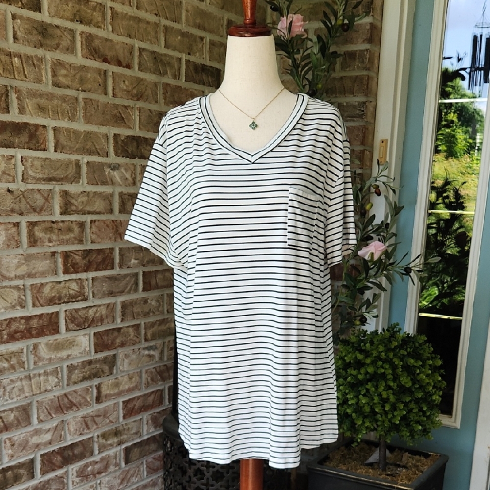 Striped V-Neck Short Sleeve Top - White/Black